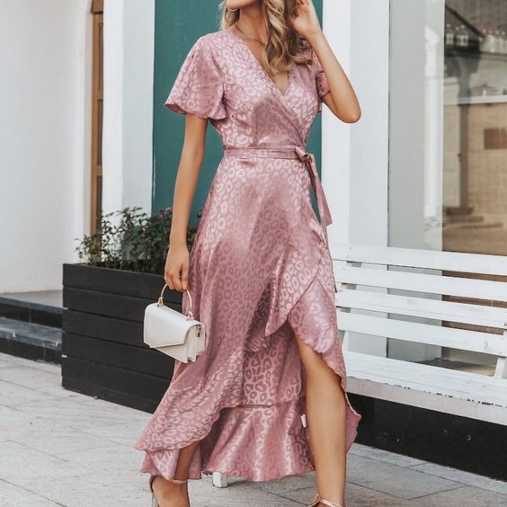 NWT! PINK LEOPARD WRAP MAXI DRESS W/ RUFFLES - Picture 2 of 5